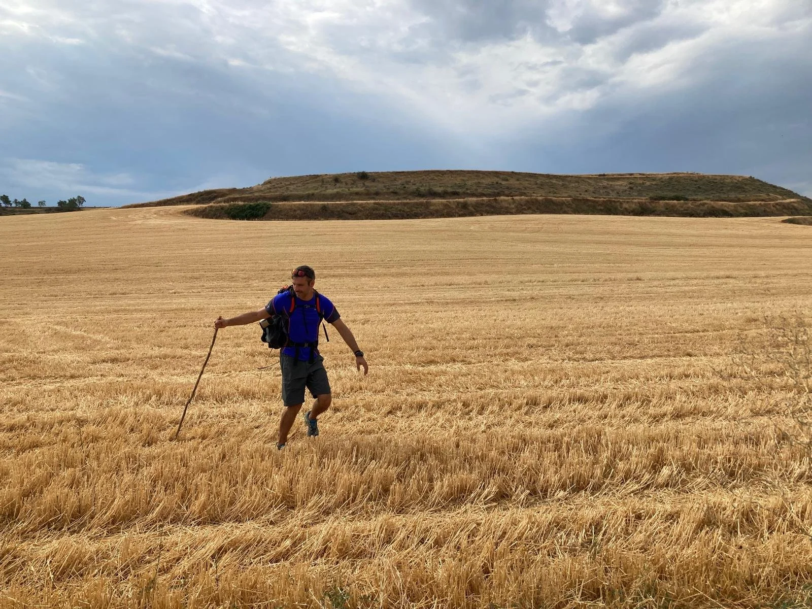 Uomo con attrezzatura da escursionismo cammina attraverso un campo di grano dorato, con una collina verde sullo sfondo e un cielo nuvoloso sopra.