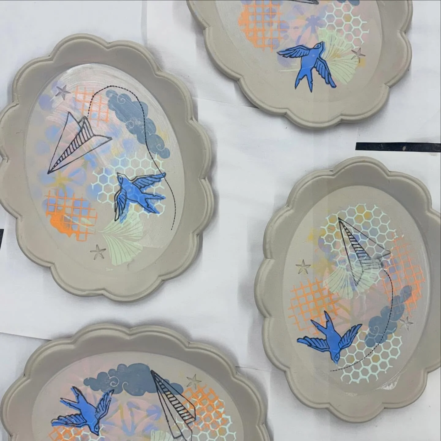 Airbrushing, silkscreening, inlay, and stamping&hellip; oh my! Working on a batch of these collage plates. Every time I do these they&rsquo;re a little bit different and that&rsquo;s one of the things I love about them.