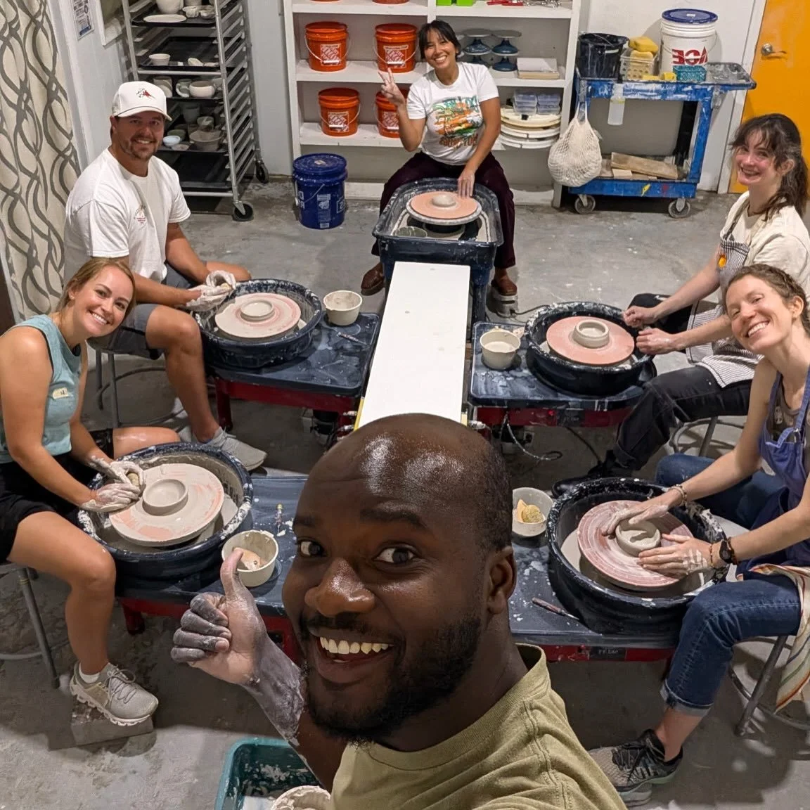 All smiles in Eric&rsquo;s Find Your Center class this week! Theres nothing quite like getting your hands on the wheel and seeing what happens. 

Curious about the pottery wheel? Come give it a spin! Our throwing series is a fun, supportive way to le