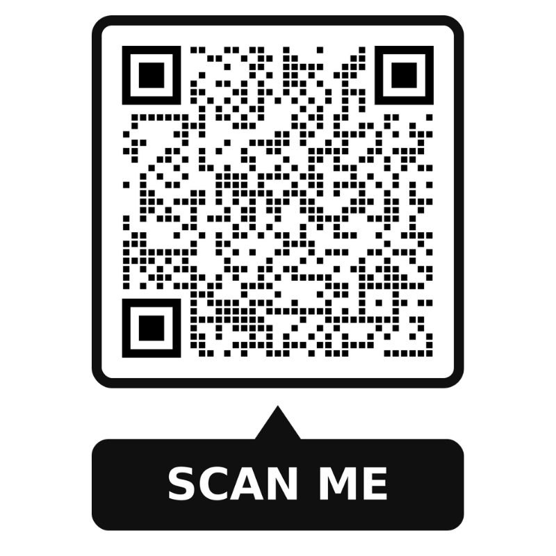 A QR code with a black background and white squares, labeled 'SCAN ME' below. Leads you to the online bill pay.