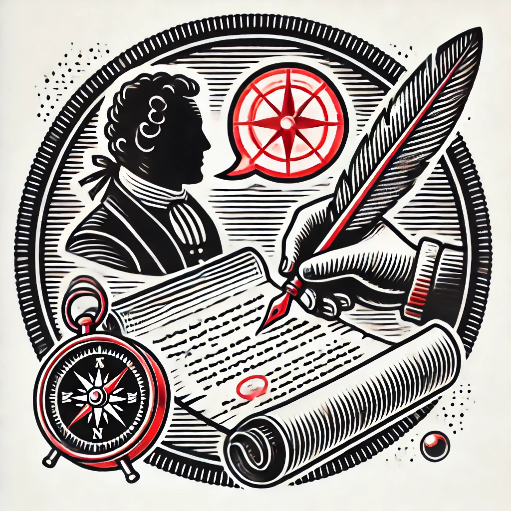 Vintage illustration featuring a silhouette of an 18th century figure, a compass, a feather quill writing on a scroll, and a speech bubble with a red compass rose.