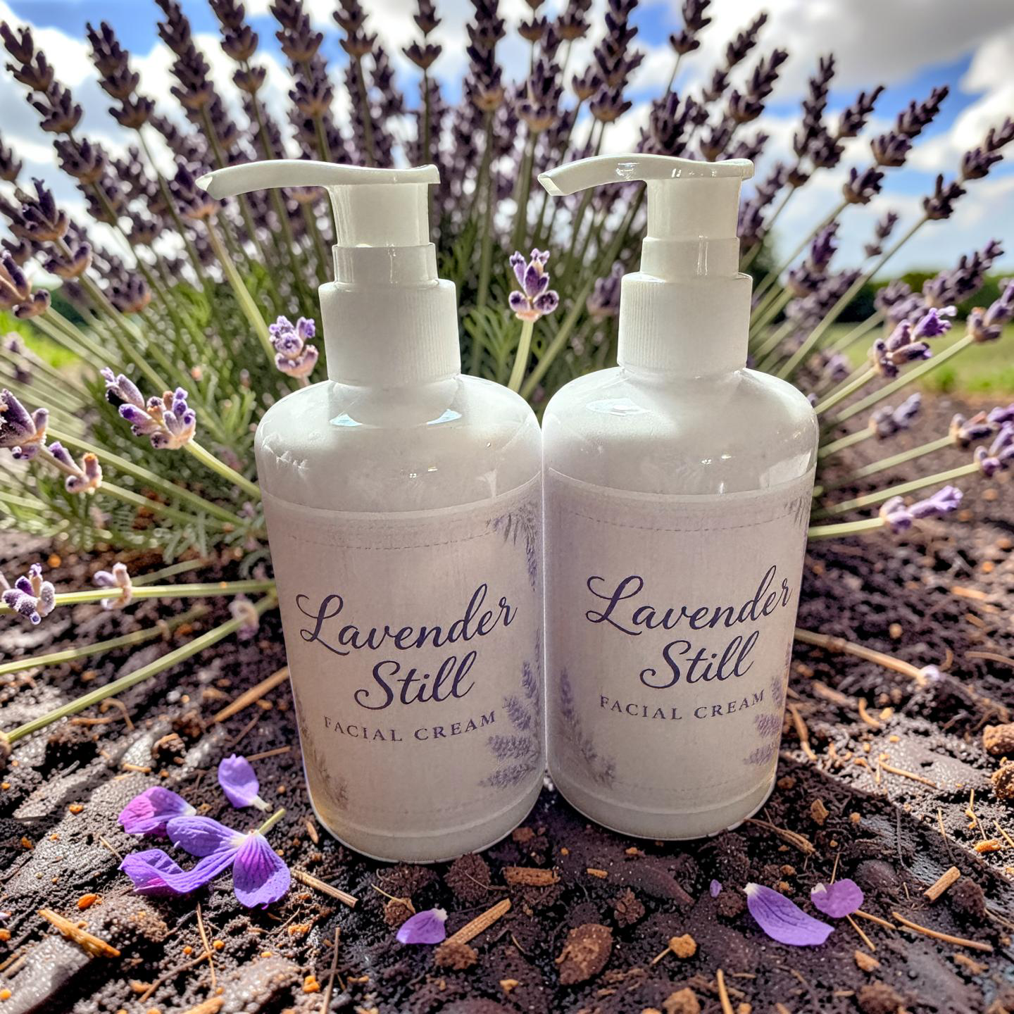 Two bottles of Lavender Still facial cream with lavender flowers and plant in the background.