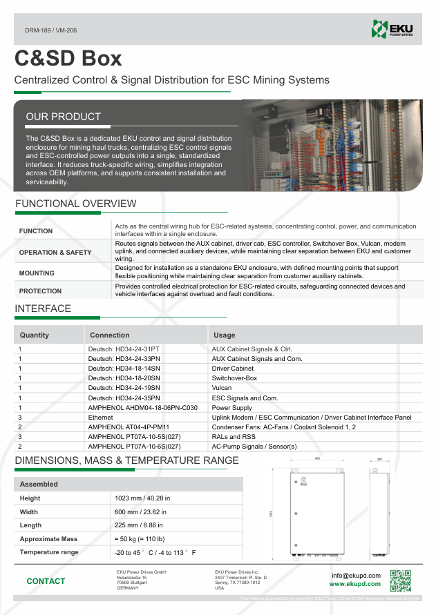 EKU's datasheet for the C&SD Box, a centralized control and signal distribution unit for ESC mining systems, with technical specifications, functions, and interfaces.