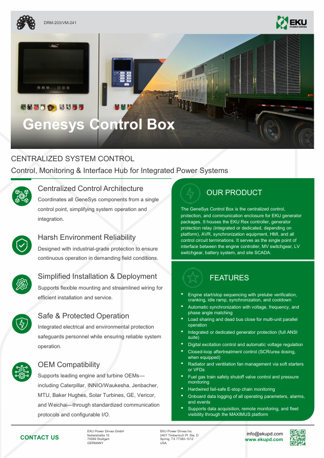 EKU's Genesys Control Box, a centralized control, monitoring, and interface hub for integrated power systems. Features include centralized control architecture, environment reliability, simplified installation, safe operation, OEM compatibility.