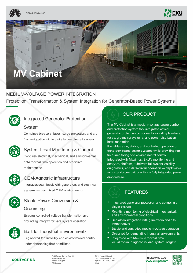 EKU's MV Cabinet, a medium-voltage power control and protection system for generator-based power systems, including features such as integrated generator protection, system monitoring, OEM infrastructure, stable power conversion, and durability for industrial environments.