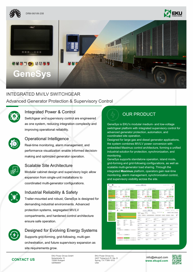 EKU Power Drives GeneSys brochure, integrated MV/LV switchgear and advanced generator protection and supervisory control system.