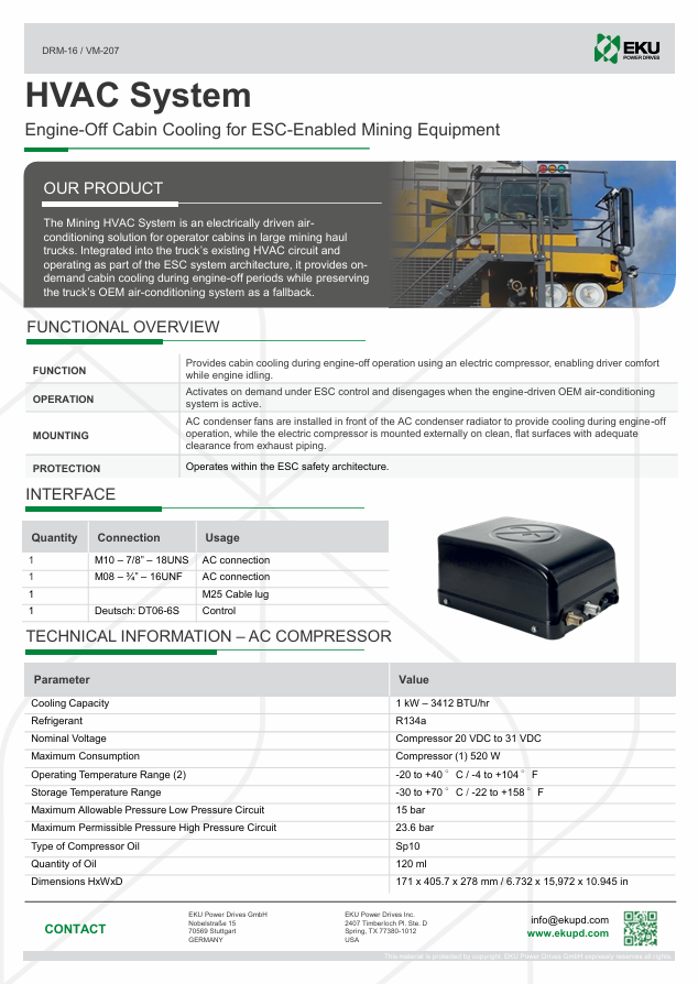 EKU's datasheet for the HVAC System for engine-off cabin cooling in mining trucks, showing product image and specifications for an AC compressor.