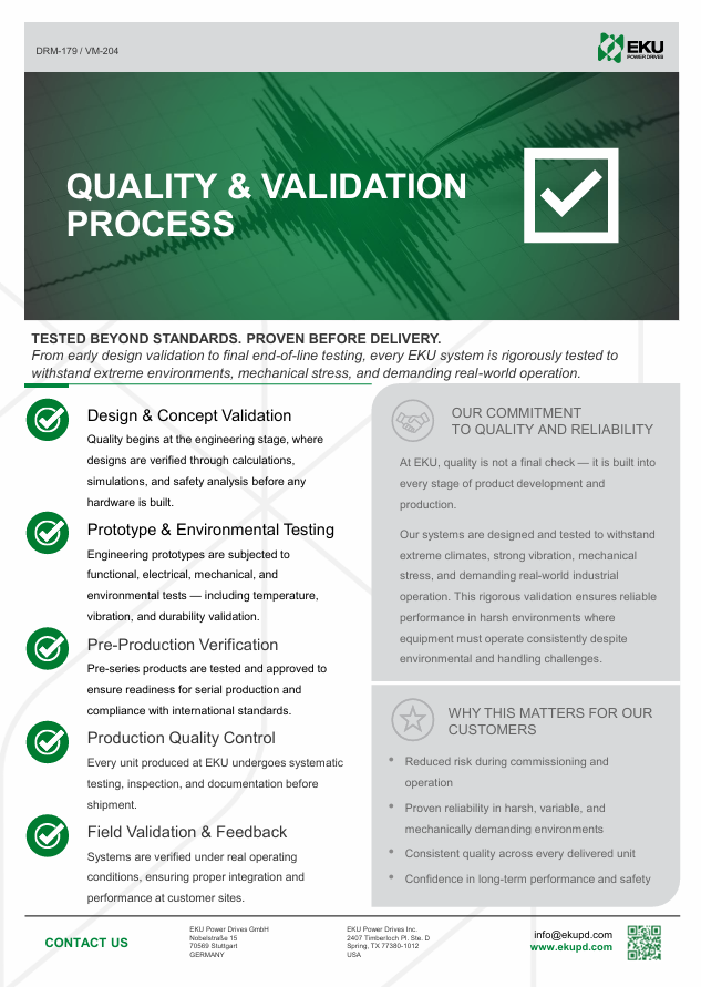 EKU Power Drives quality and validation process brochure, detailing various stages of quality assurance including design validation, prototype testing, pre-production verification, production quality control, and field validation.