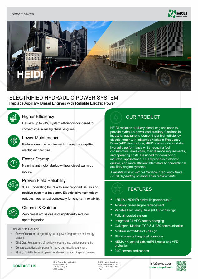 EKU Power Drives  HEIDI ELECTRIFIED HYDRAULIC POWER SYSTEM  brochure highlights features like higher efficiency, lower maintenance, faster startup, proven reliability, and eco-friendly operation.
