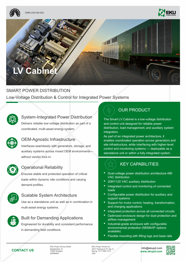 EKU Power Drives LV Cabinet brochure, a low-voltage power distribution and control system. Highlights product features, key capabilities, and contact information.