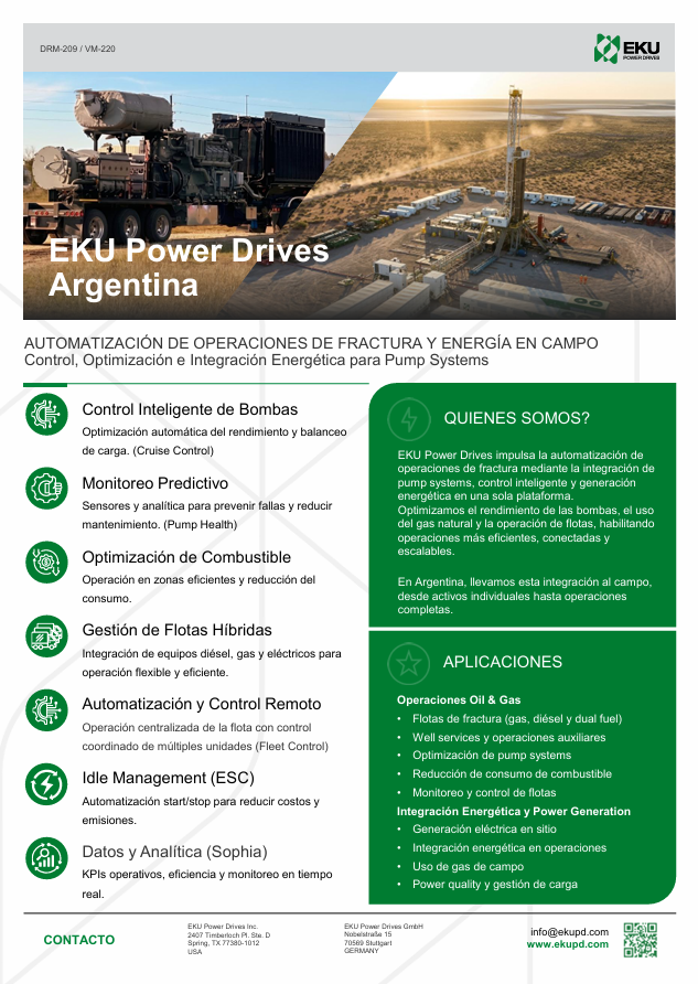 EKU Power Drives Argentina one pager, showcasing their energy operations, automation, predictive monitoring, fuel optimization, hybrid fleet management, remote control, idle management, and analytics for oil and gas and power generation industry.