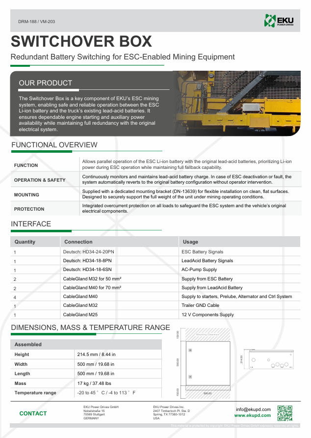 EKU's datasheet for the EKU Switchover Box, a redundant battery switching system for ESC-enabled mining equipment, showing description, functional overview, interface details, dimensions, and contact info.