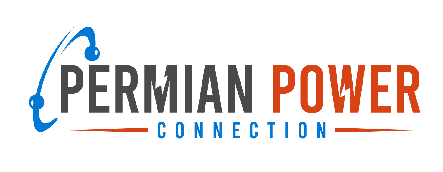 Logo for Permian Power Connection with stylized fishing hook and text in black, red, and blue.