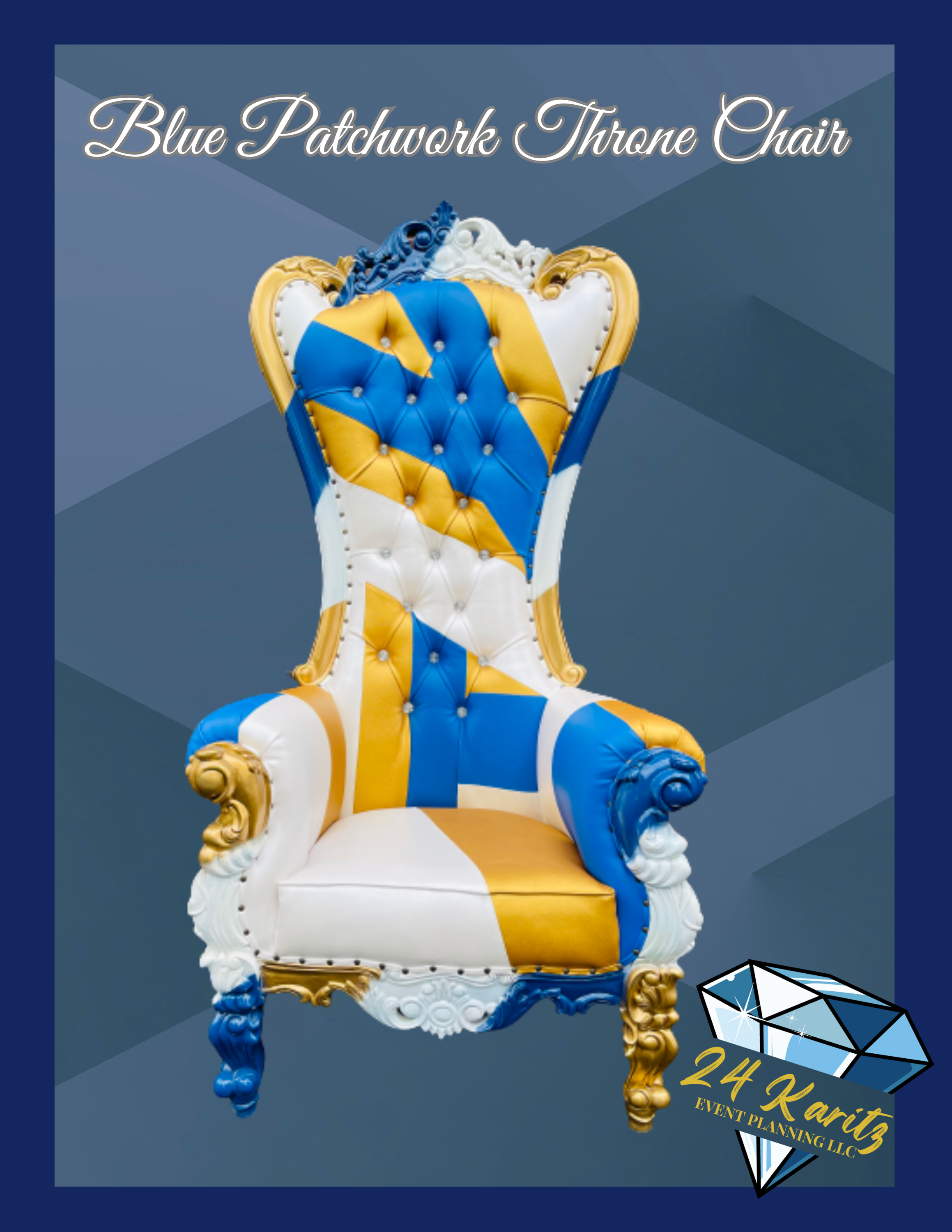 Blue patchwork throne chair $175
1 Available