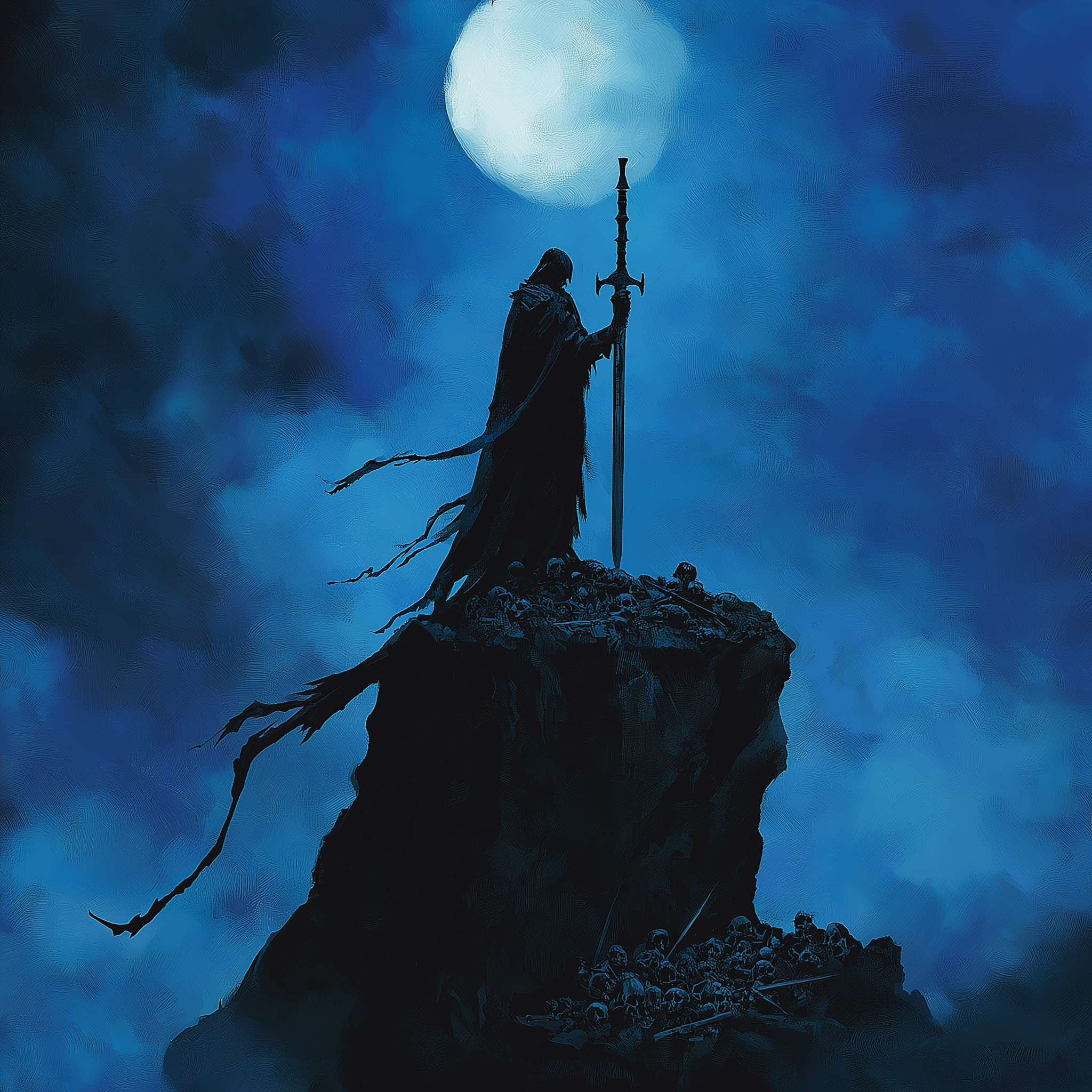 A dark, moody illustration of a cloaked figure holding a sword, standing atop a rocky outcrop covered with skulls, silhouetted against a large full moon in a cloudy night sky.