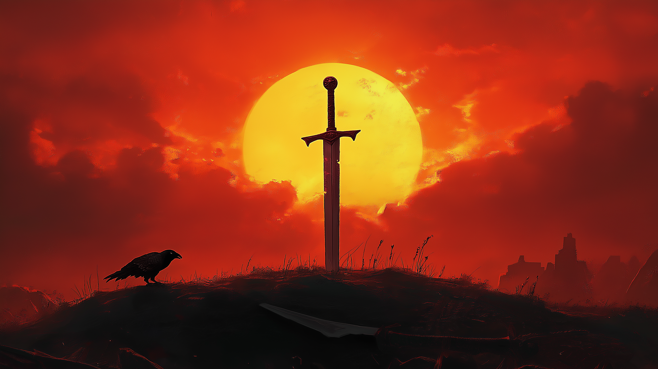 A medieval sword with a cross guard and round pommel is embedded vertically in the ground atop a hill, silhouetted against a large, bright yellow setting sun with orange-red clouds. A black bird, possibly a crow, is standing on the ground nearby, and a dark landscape with distant ruins or buildings is visible on the horizon.