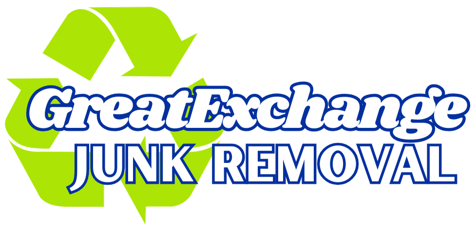 Logo for Great Exchange Junk Removal featuring a recycling symbol and bold blue and white text.