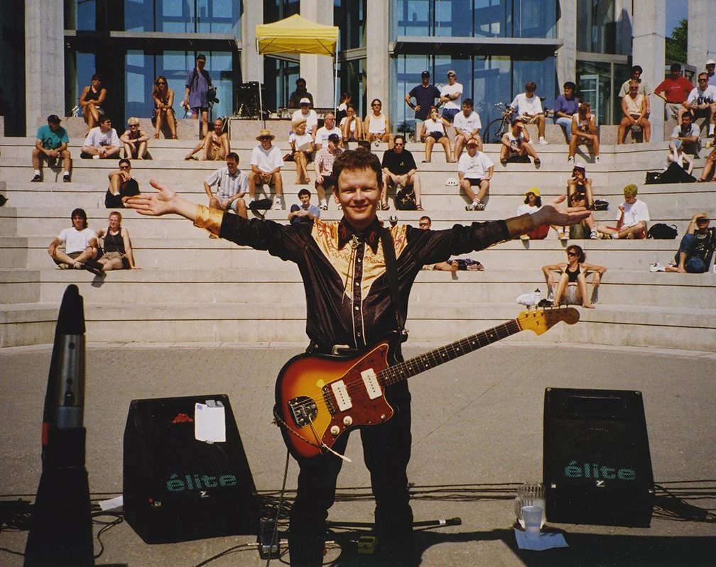 Reid Diamond playing with Phono-Comb at the National Gallery, Ottawa. 1996.