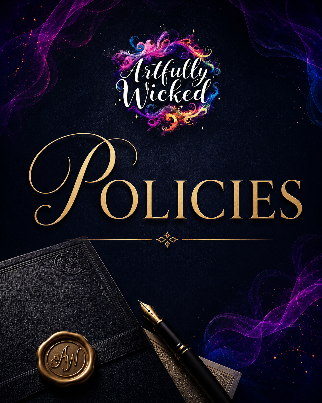 A dark themed poster with the title 'Artfully Wicked Policies' in elegant font. It features a black leather-bound book with a gold wax seal and a black and gold fountain pen, with swirling colorful smoke in the background.