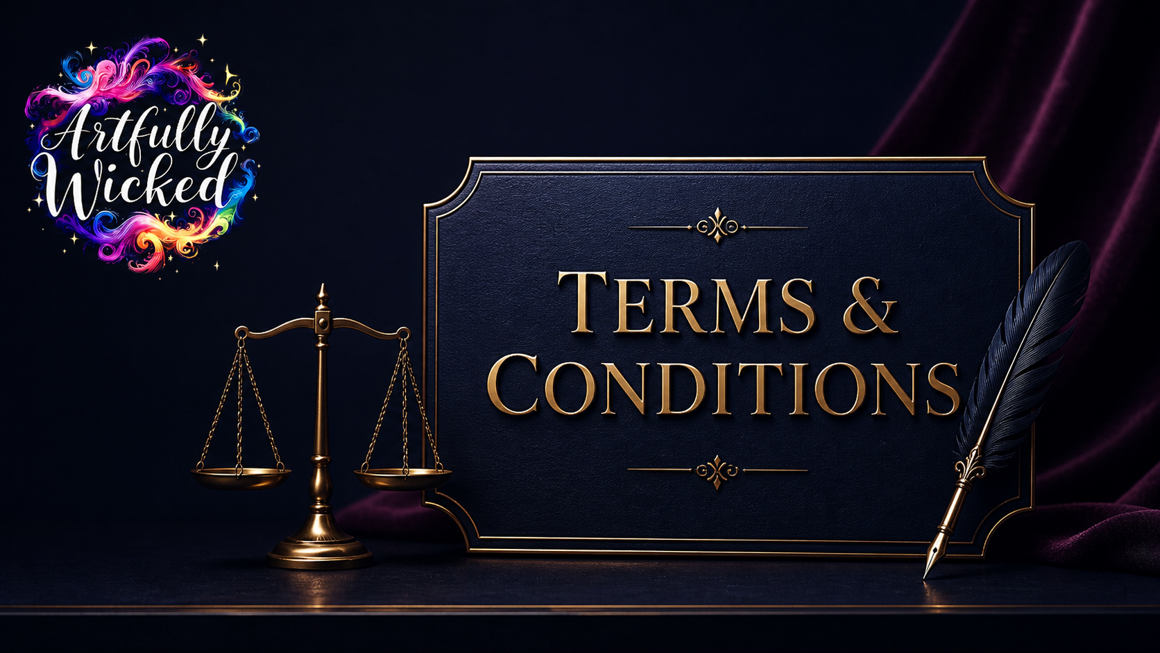 A dark blue and gold sign with the words 'Terms & Conditions,' a feather quill pen, and a scale of justice on a dark surface with purple fabric in the background; "Artfully Wicked" logo appears in the top left corner.