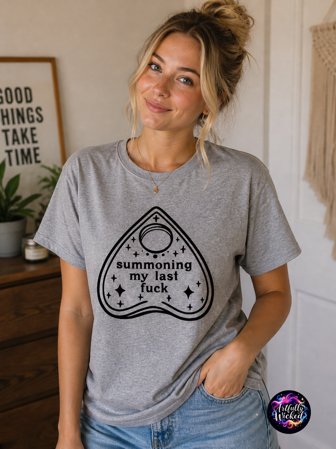 “Summoning My Last F##k” Custom Graphic T-Shirt — Heather Gray Cotton Tee