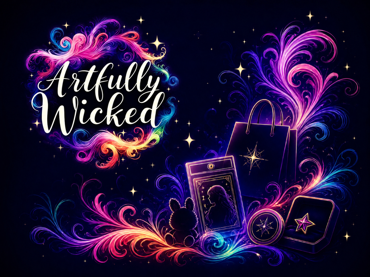 Colorful neon-style illustration with the words "Artfully Wicked" in white cursive font, surrounded by swirling, colorful decorative elements and stars. Includes outlines of a shopping bag, a phone displaying a silhouette of a girl with long hair, a small teddy bear, a jewelry box with a star, and a round charm, all glowing against a dark background.