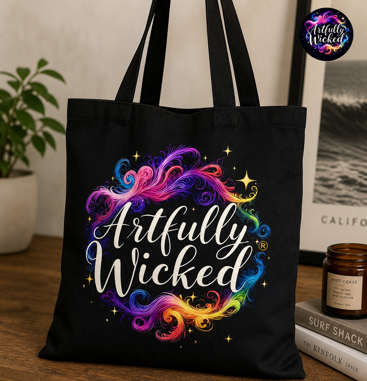 Artfully Wicked Black Canvas Tote Bag — Logo Design
