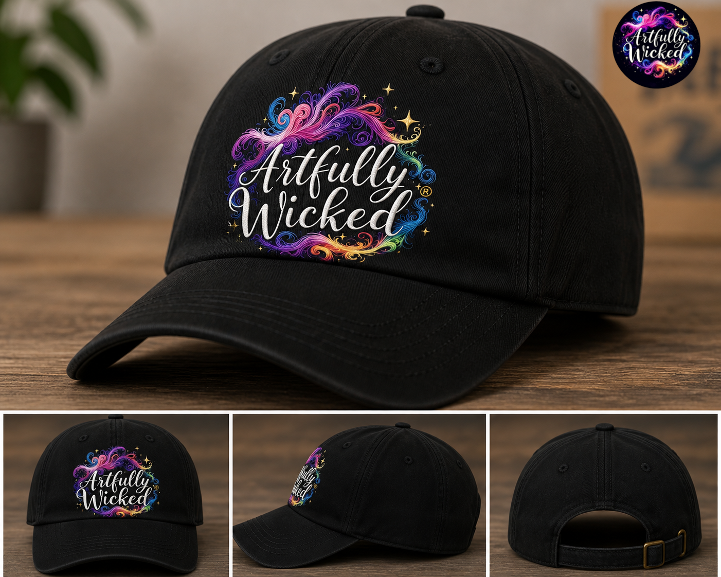 Artfully Wicked Adjustable Black Hat — Logo Cap