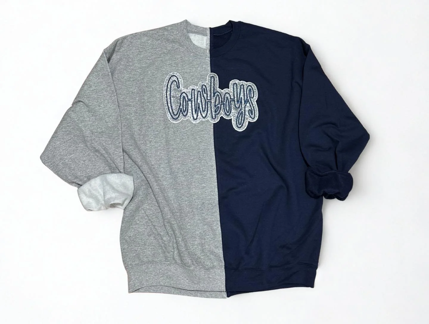 💙🤍 GAME DAY READY 🤍💙

This split &ldquo;Cowboys&rdquo; sweatshirt is next level! Each one is made by sewing together two premium sweatshirts &mdash; and the craftsmanship shows. Just look at those clean seams and perfect stitching 👏🏼

It&rsquo;
