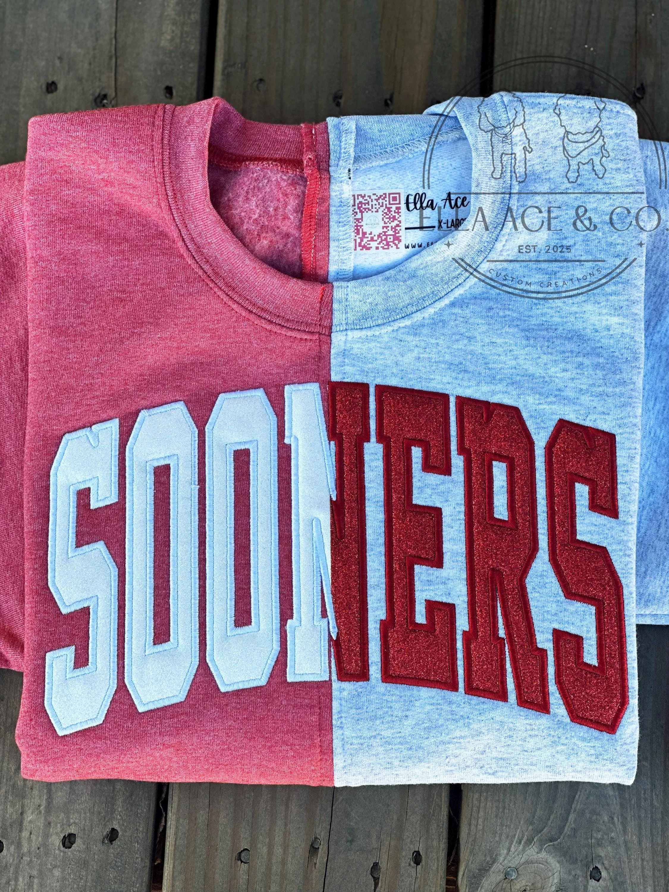 Custom Sooners Split Sweatshirt: Red & Gray Game Day Crewneck
