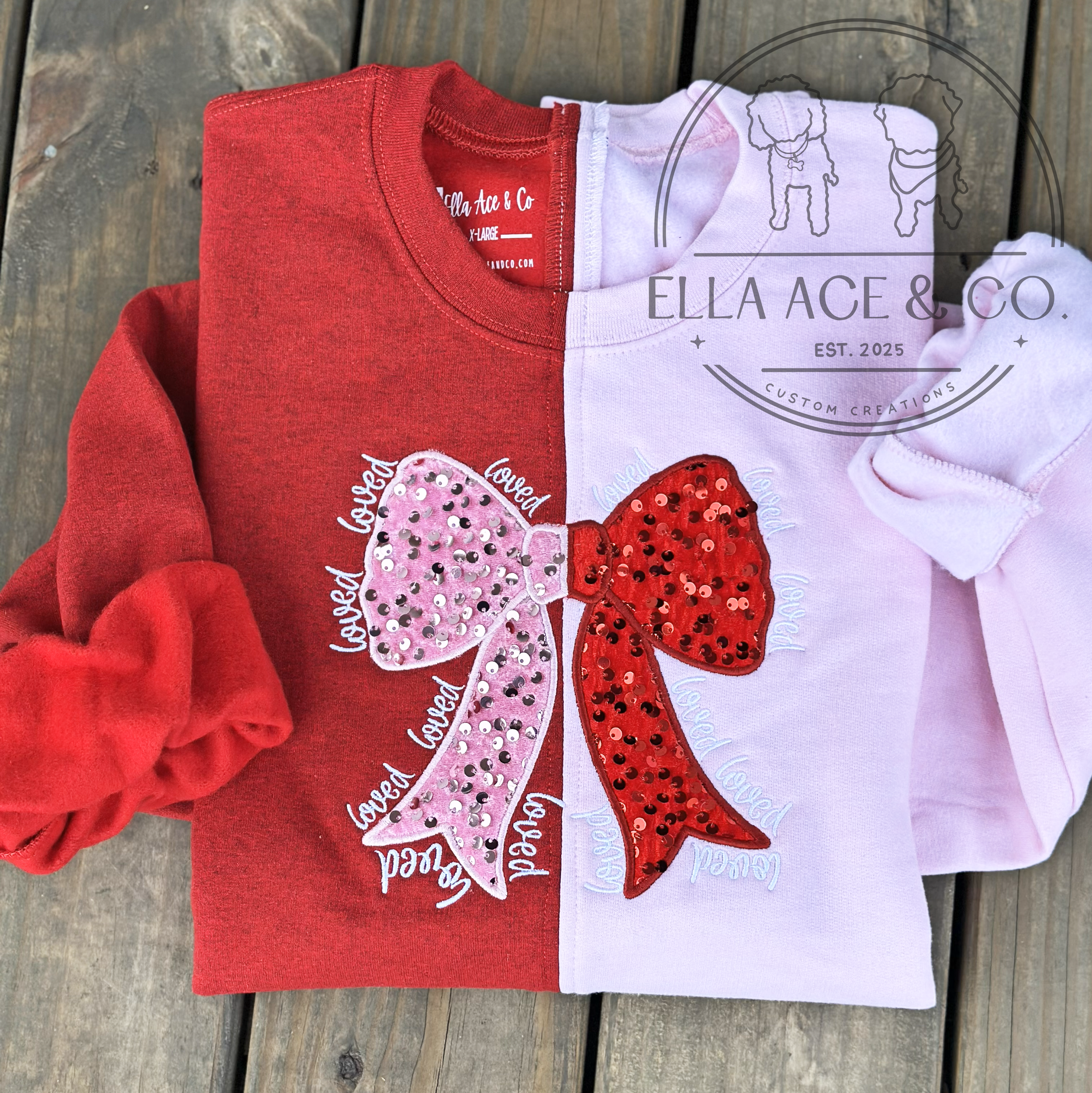 Sequins Bow Valentine's Sweatshirt, Coquette Red and Pink Embroidered Crewneck, Love Sweater