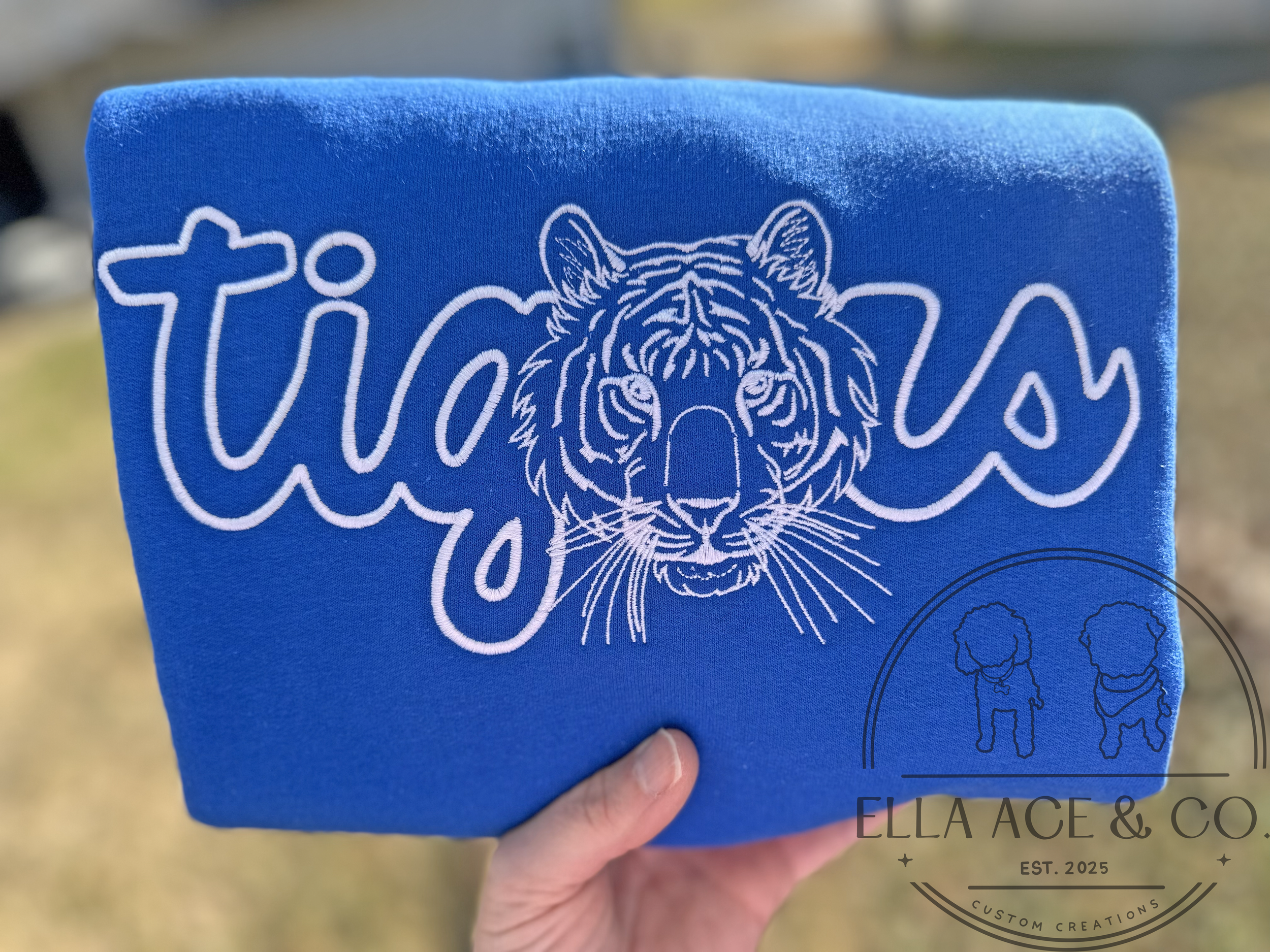 Blue and White Tigers Embroidered Sweatshirt