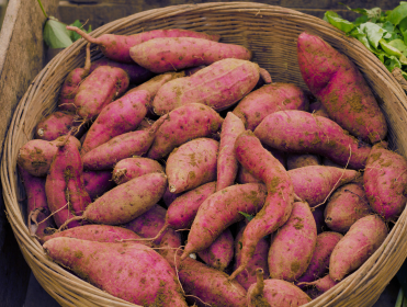 Pelotes de patates douces dans un panier en osier.