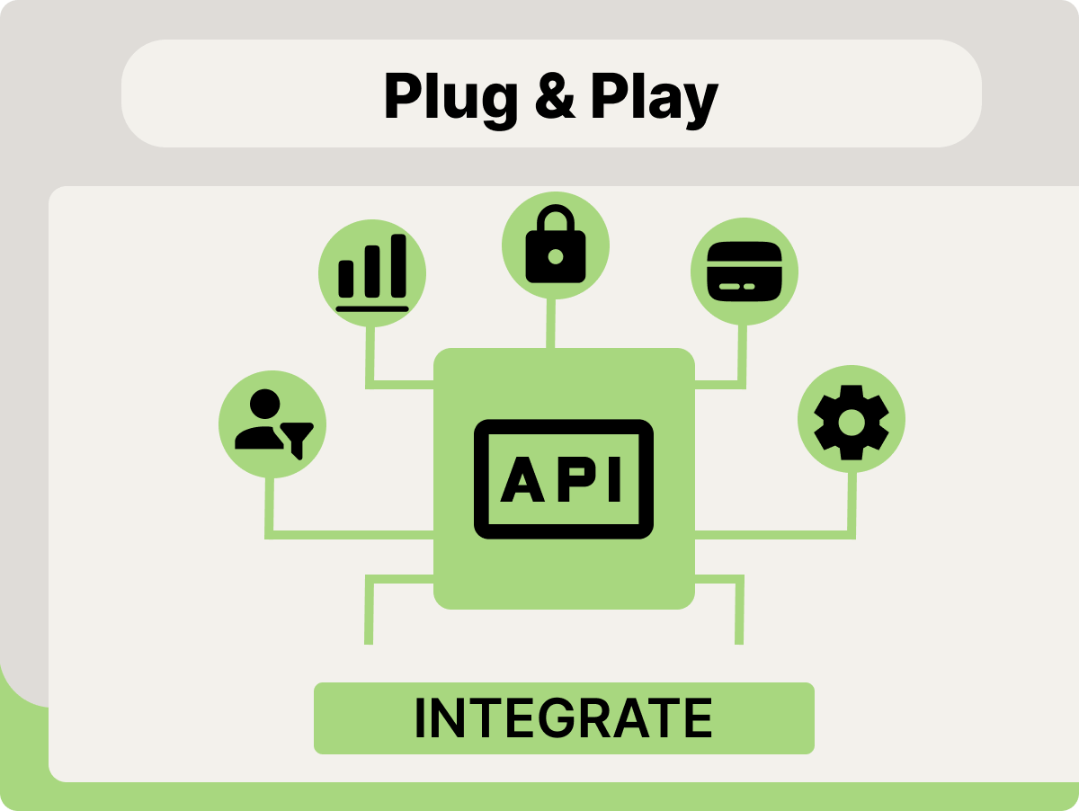 Illustration of an API integration with icons representing data, security, payments, user, and settings on a "Plug & Play" platform with "Integrate" button.