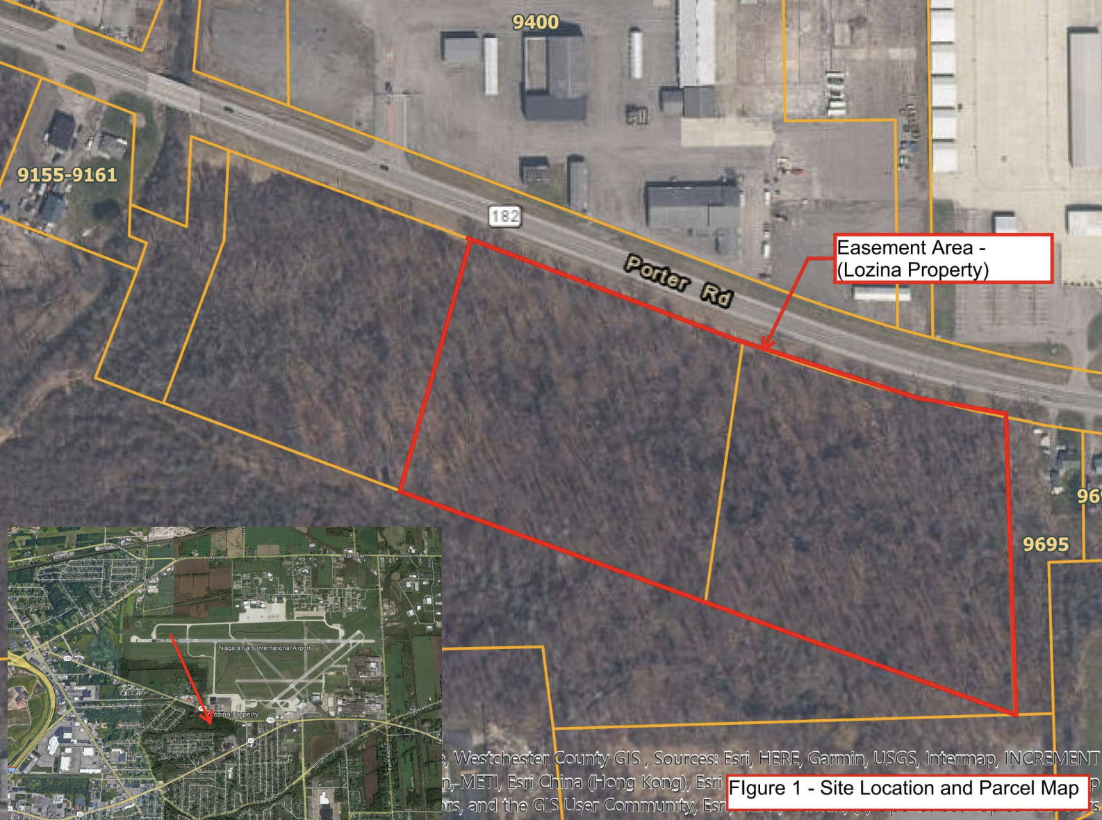 Aerial view of a property map with outlined sections, roads, and labels. Includes a smaller inset showing a larger surrounding area map. The main map marks an easement area along Porter Rd, with a red line indicating the boundary. Parcel numbers and road names are visible, with industrial or commercial areas adjacent to wooded land.