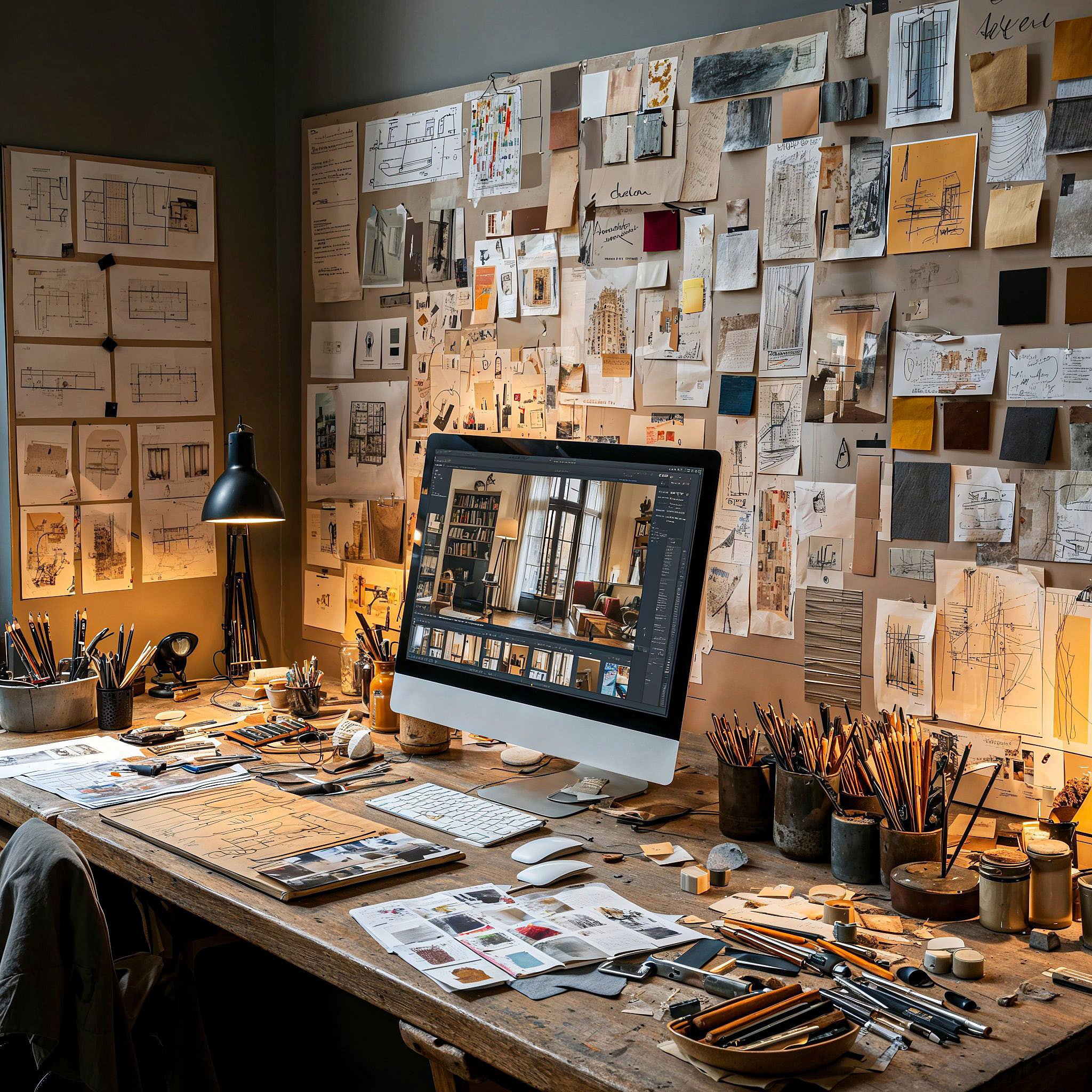 Bureau de décorateur, moodboards, échantillons et carnets, écran d’ordinateur affichant un projet d’aménagement intérieur, évoquant un service premium de conseil décoration personnalisé.