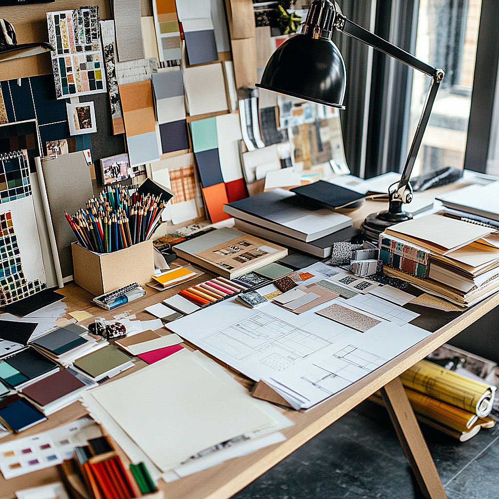 Bureau lumineux avec nuanciers de couleurs, échantillons de matières et croquis, illustrant un service de conseil déco à distance.