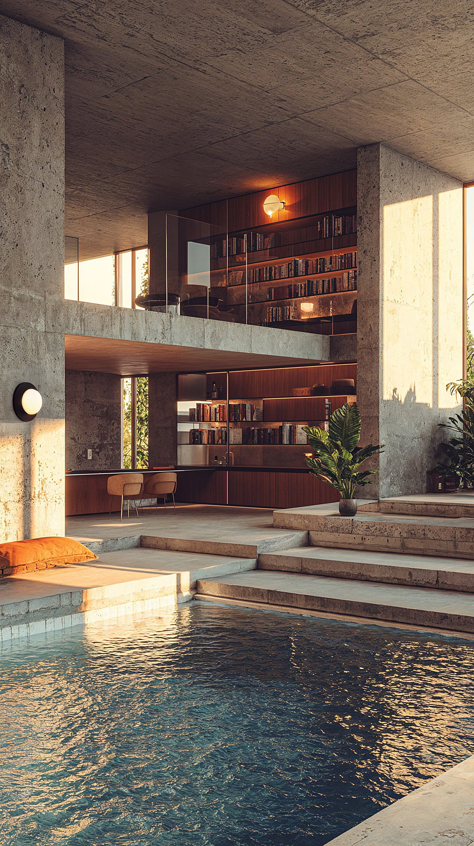 Salon en duplex avec piscine, murs en béton, bibliothèque intégrée, style brutaliste et contemporain