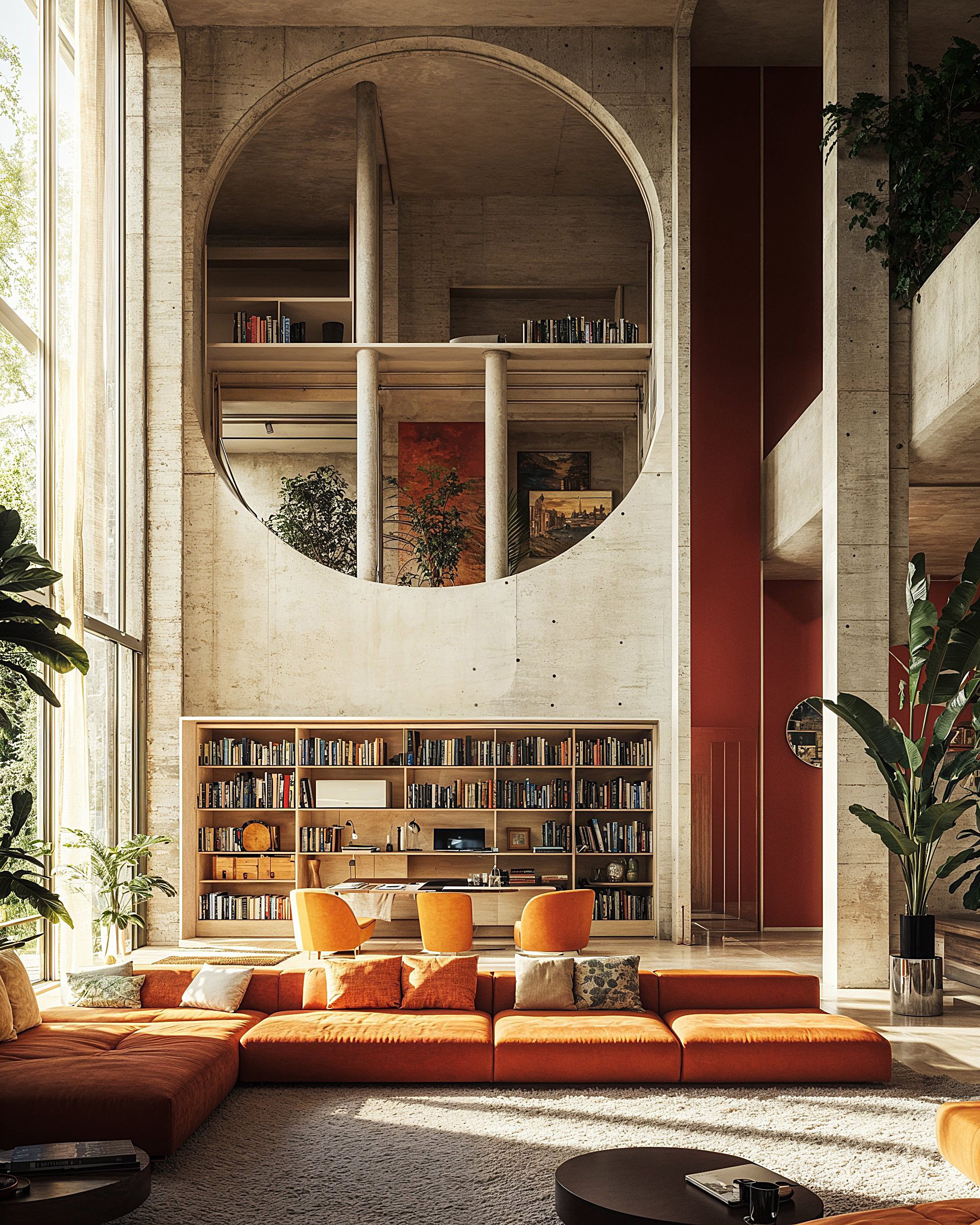 Pièce à vivre lumineuse, murs en béton brut, canapé orange, spectaculaire ouverture circulaire sur une bibliothèque imposante