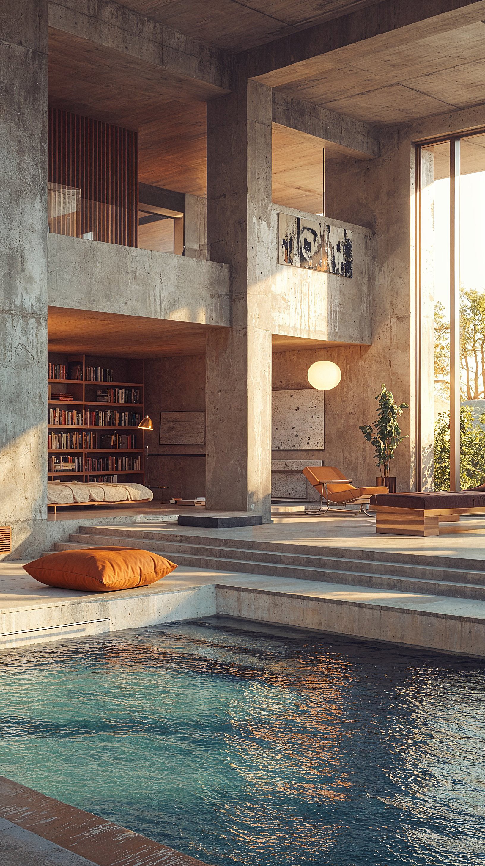 Penthouse brutaliste aux volumes généreux, piscine intérieure, mobilier minimaliste, béton brut et lumière naturelle apaisante