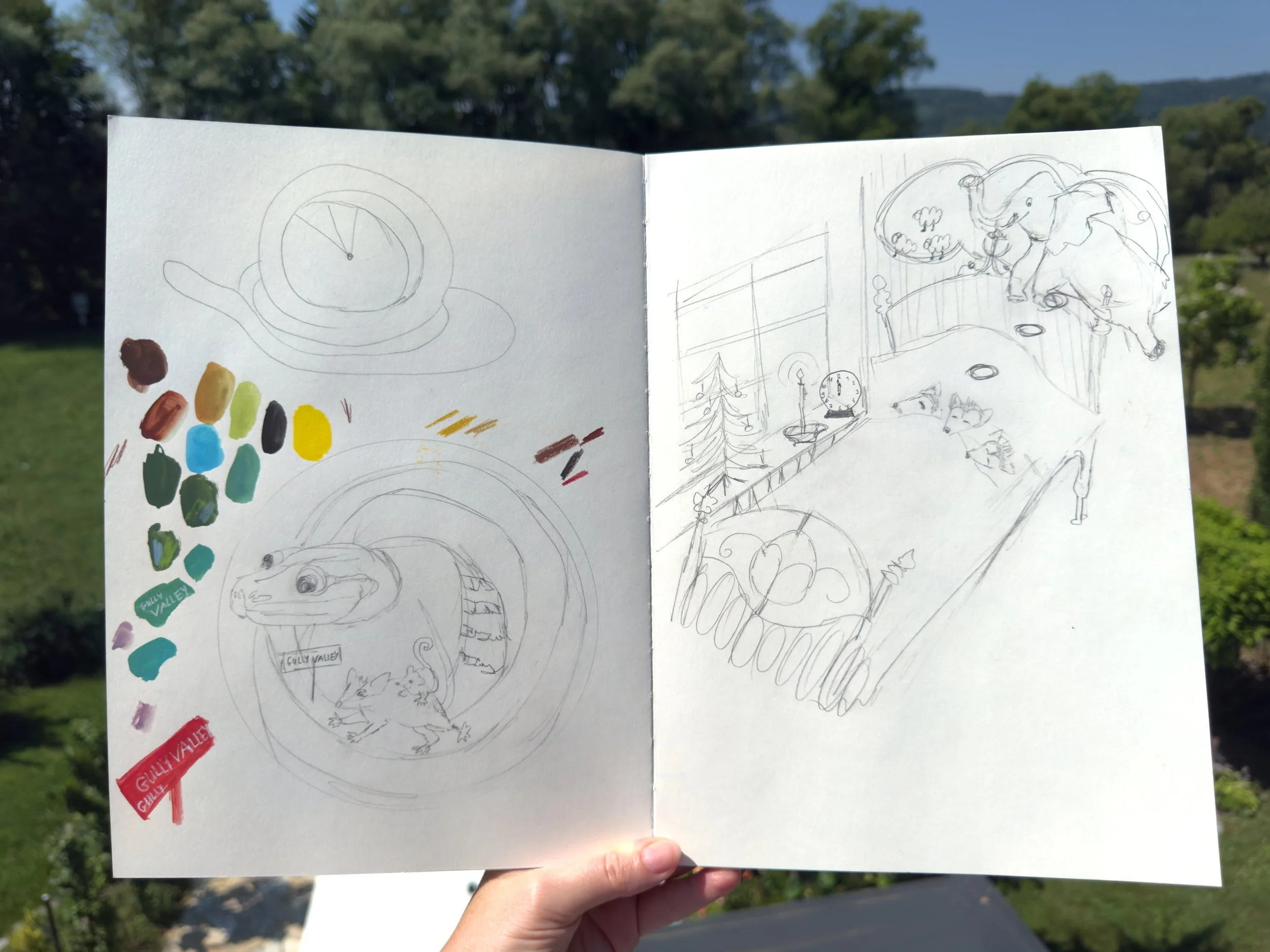These pages show an early stage of development, where I explored characters, scene ideas, colour relationships and composition in a playful way.