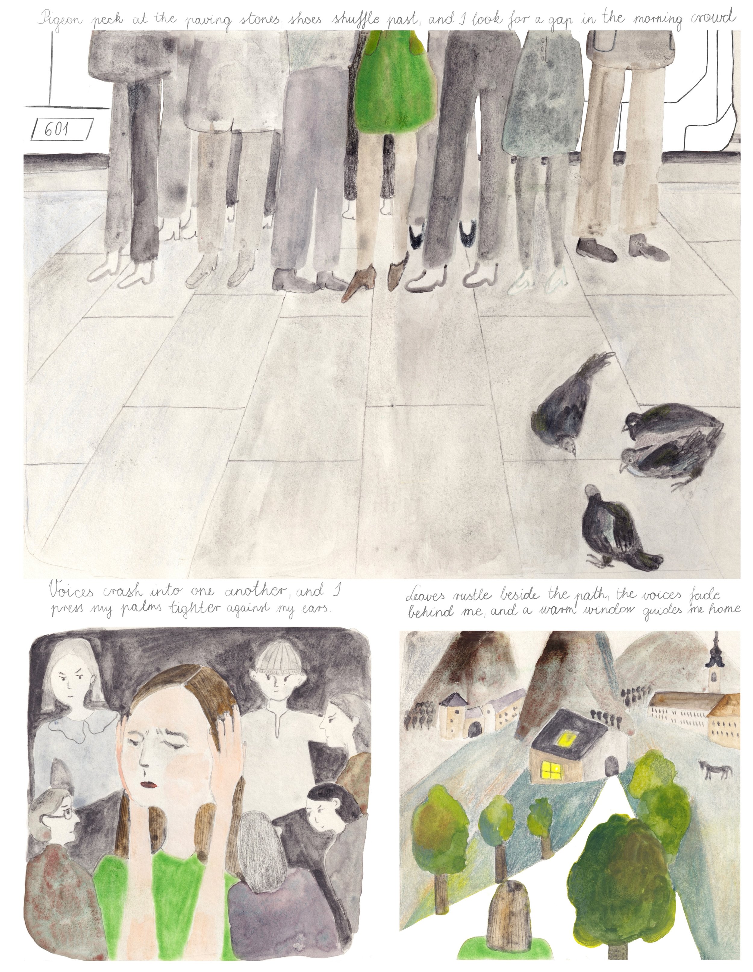 My very first illustration project at Falmouth University!So good to be a student again.

'Pigeons peck at the paving stones, shoes shuffle past, and I look for a gap in the morning crowd. Voices crash into one another, and I press my palms tighter a
