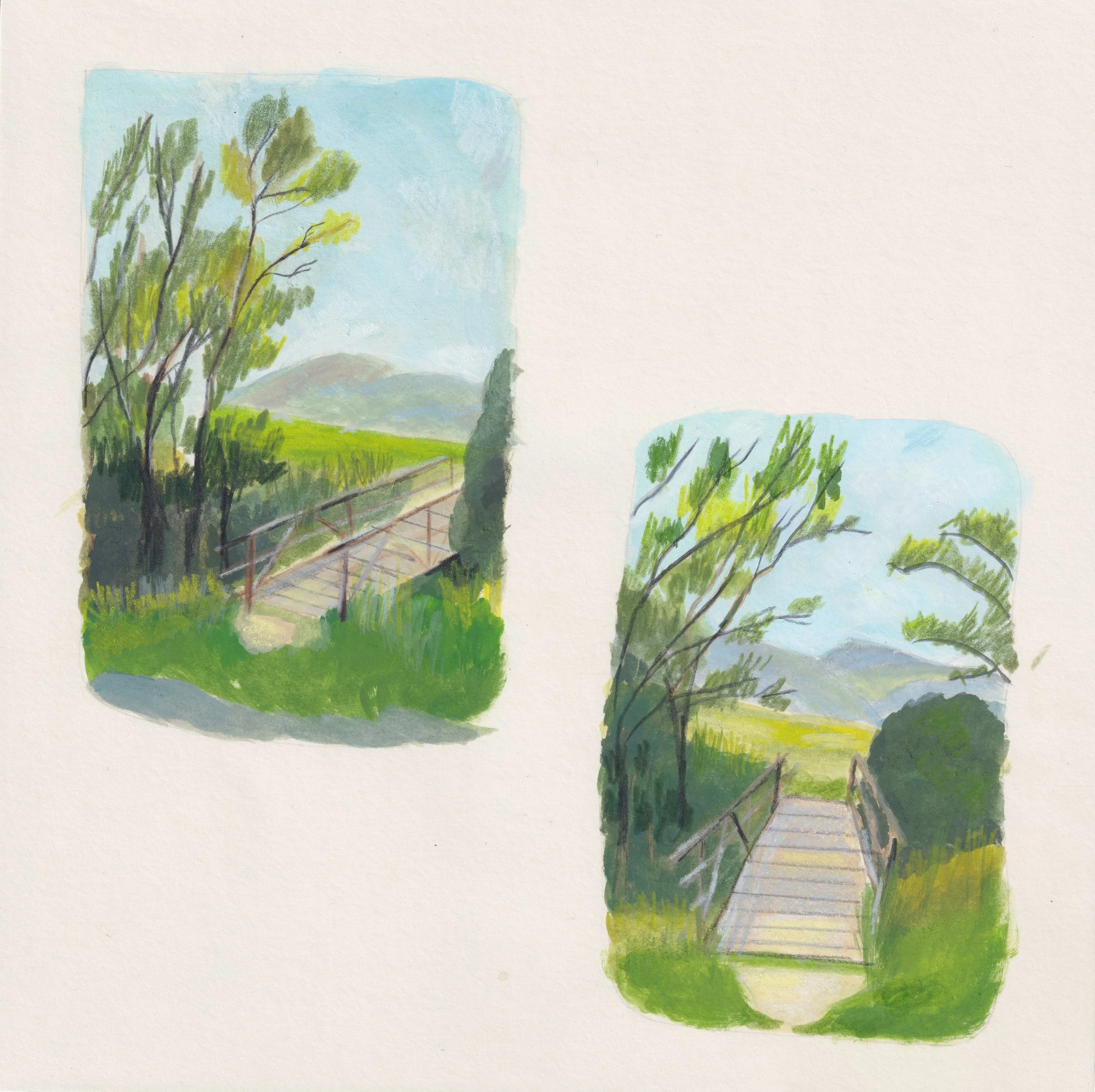From these observations, I started to translate the scene into small illustrative studies. I was interested not only in the landscape itself, but in how it could be simplified and reshaped through colour, light and composition. These process images s