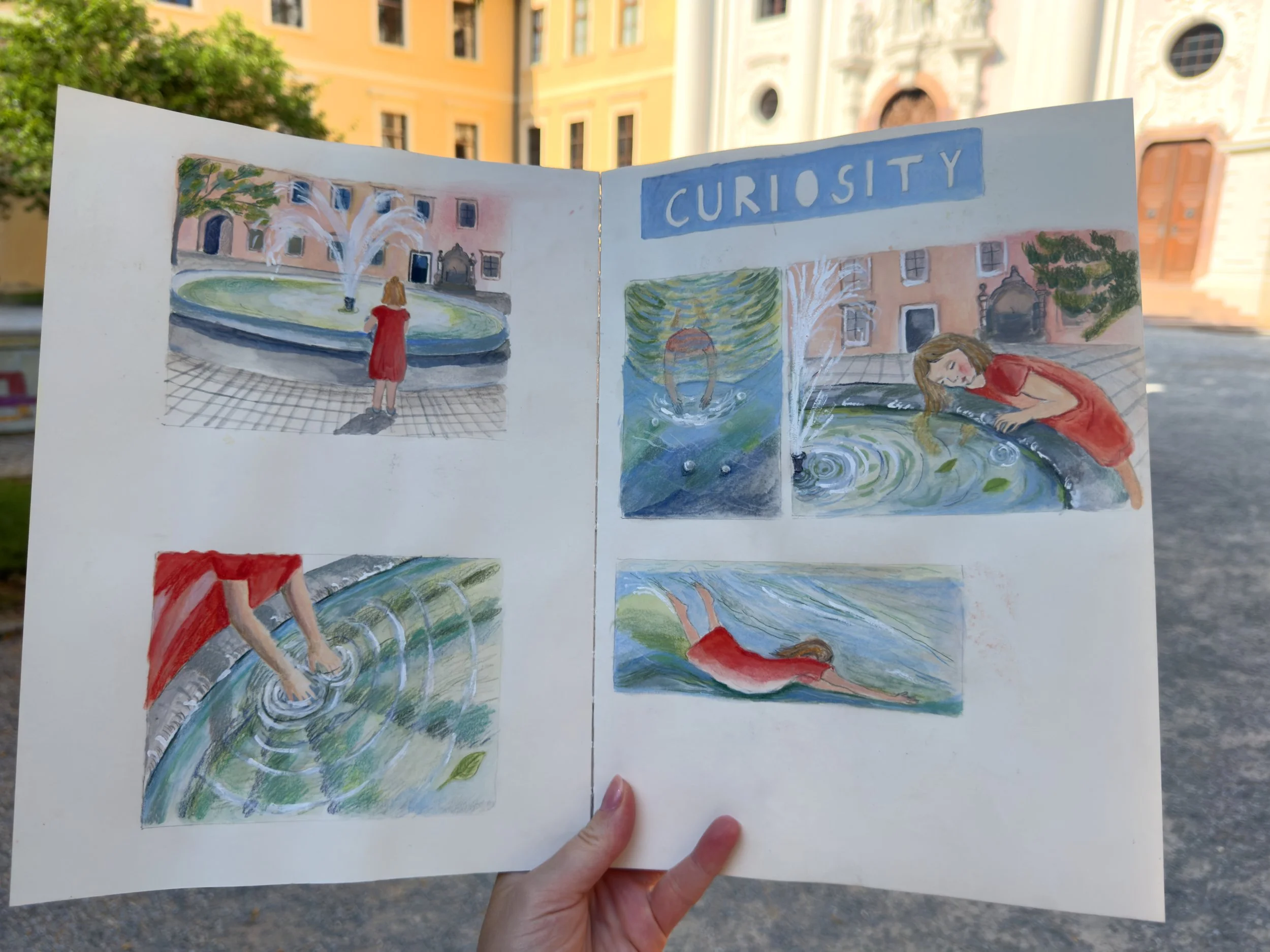 I created this project in my Pith Oroblanco Sketchbook, working throughout in mixed media. One of my aims was to experiment with new colour relationships, so each scene was approached with a slightly different palette and emotional atmosphere. The pr