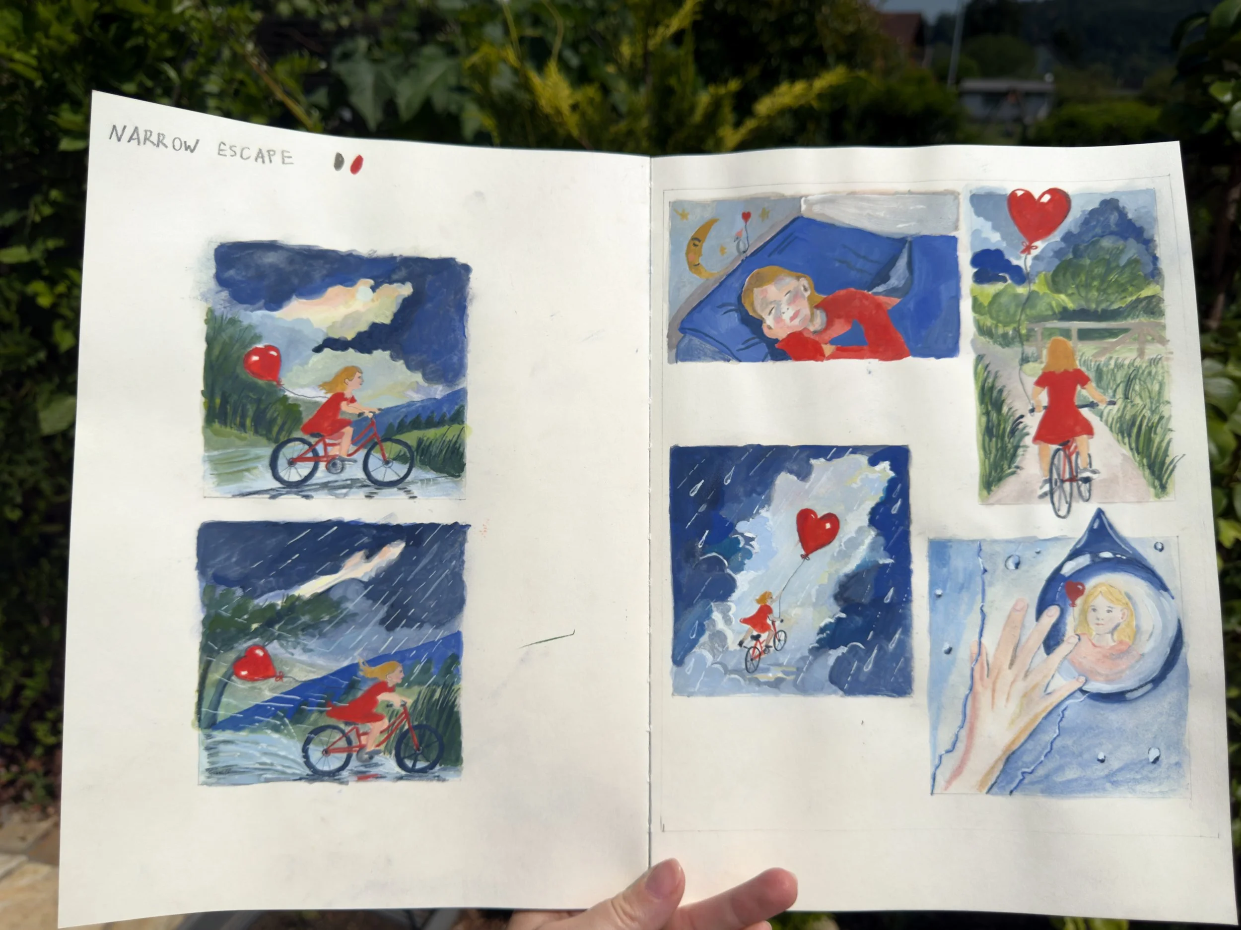 Through this project, I wanted to translate those moments into a visual sequence that moves between observation and imagination, while also exploring how colour, composition and mixed media can shape mood and narrative.