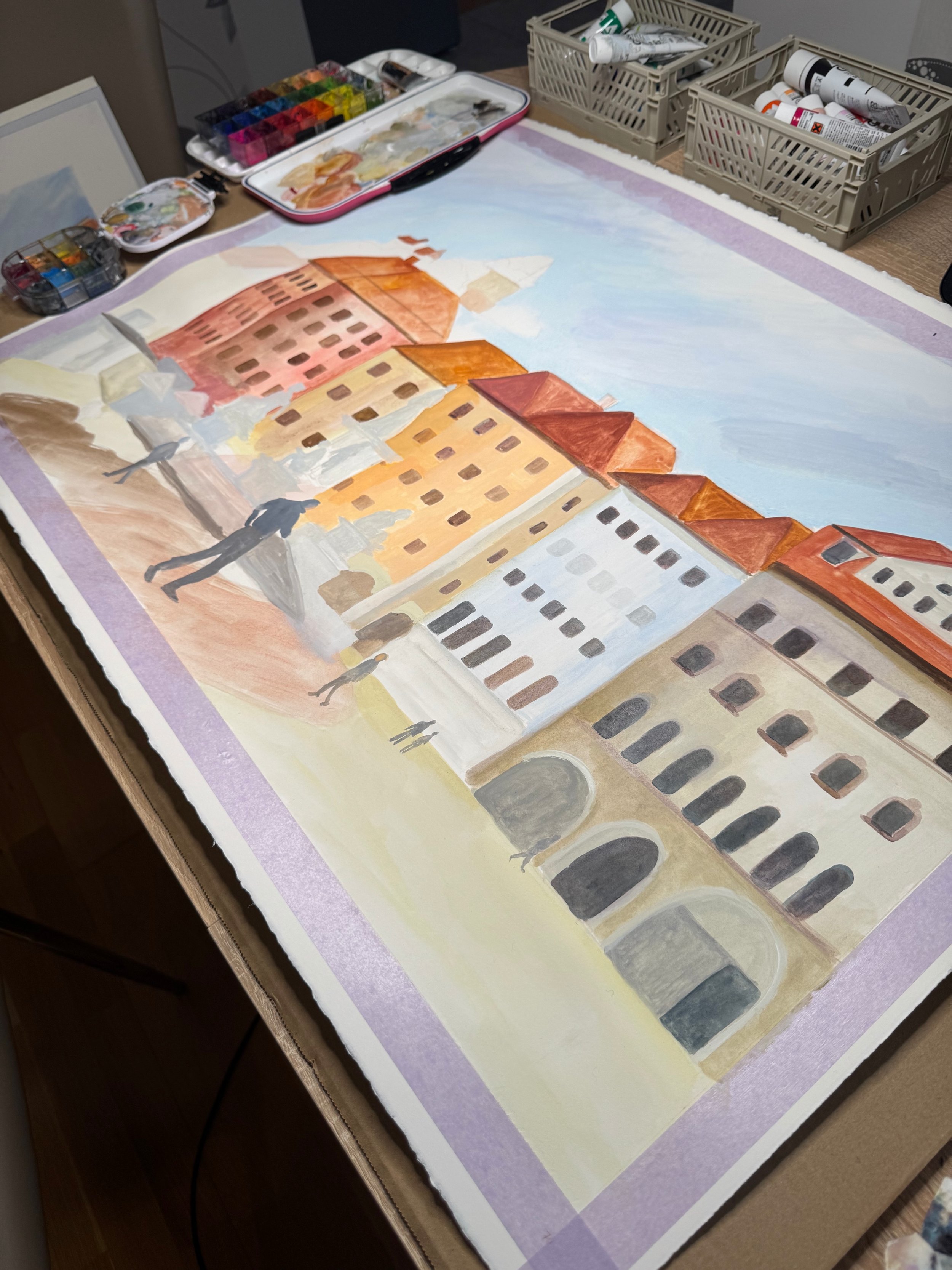 The work was created using a mixed-media combination of gouache, watercolour, soft pastel and pencil.