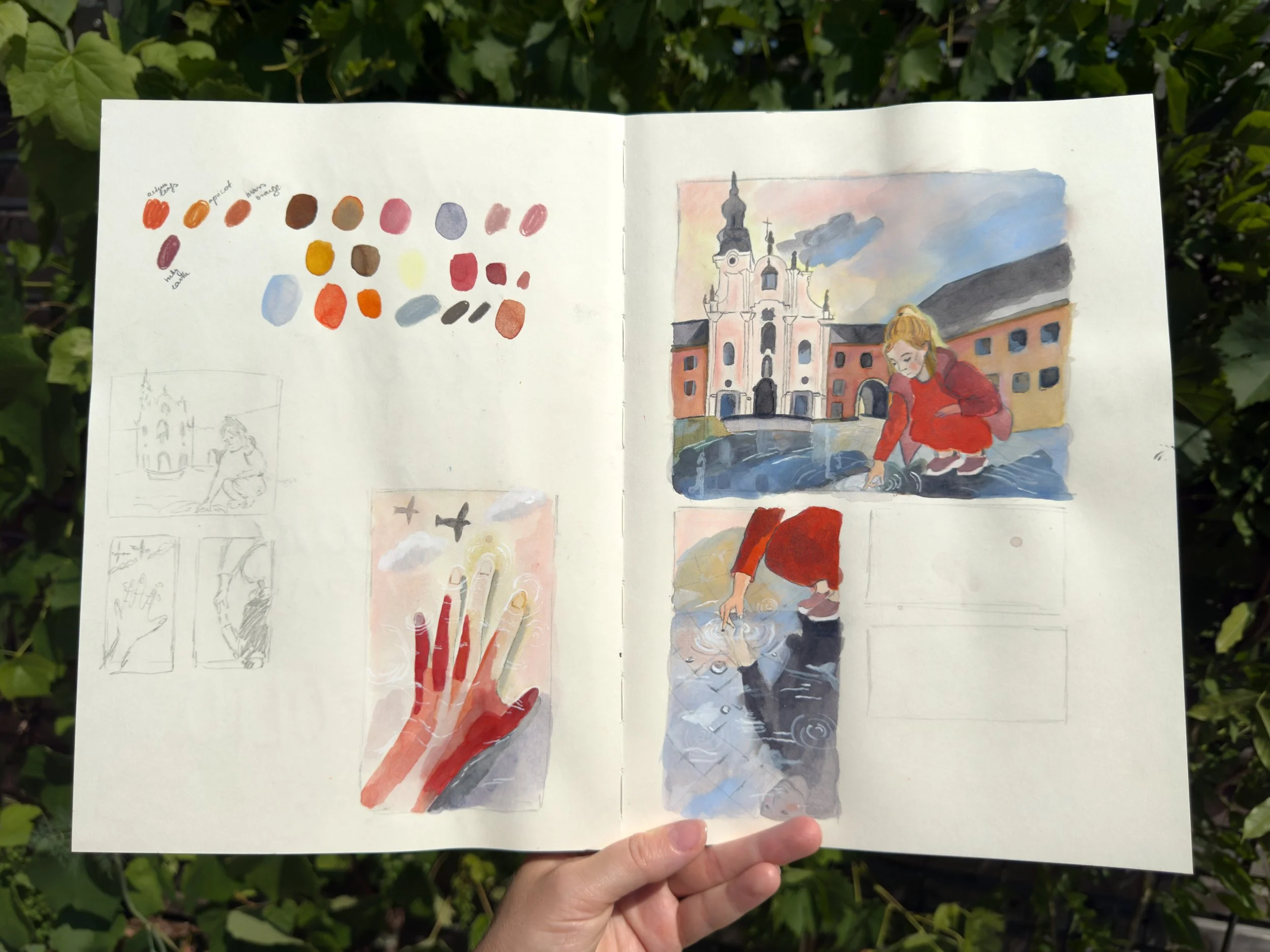 These sketchbook pages show part of the development process behind the project. I used them to test colour palettes, compositions and visual transitions between scenes. Because I wanted each image to carry a different emotional tone, these studies be