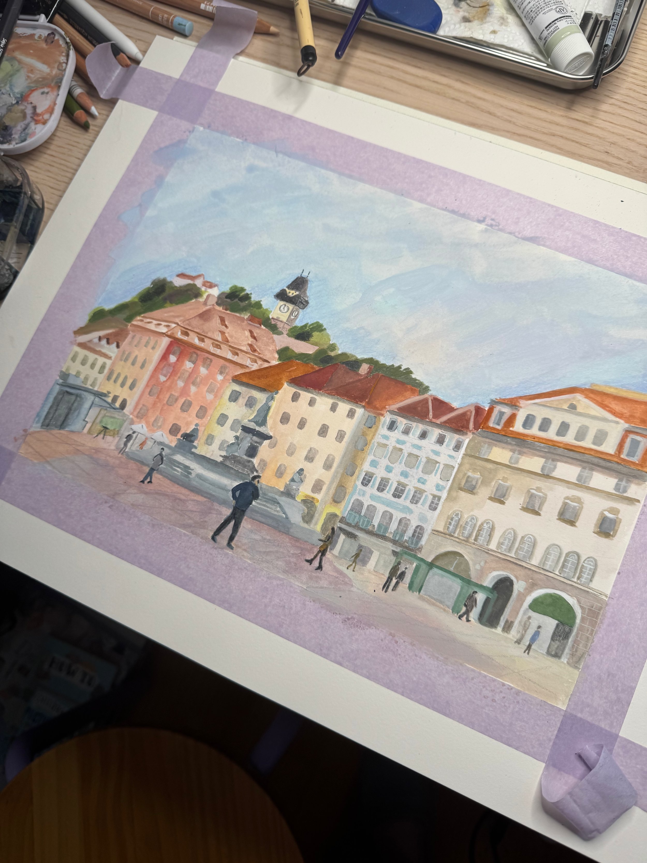 I first developed the scene in a smaller format of 23 x 31 cm, which allowed me to explore composition, colour relationships and the balance between structure and openness.