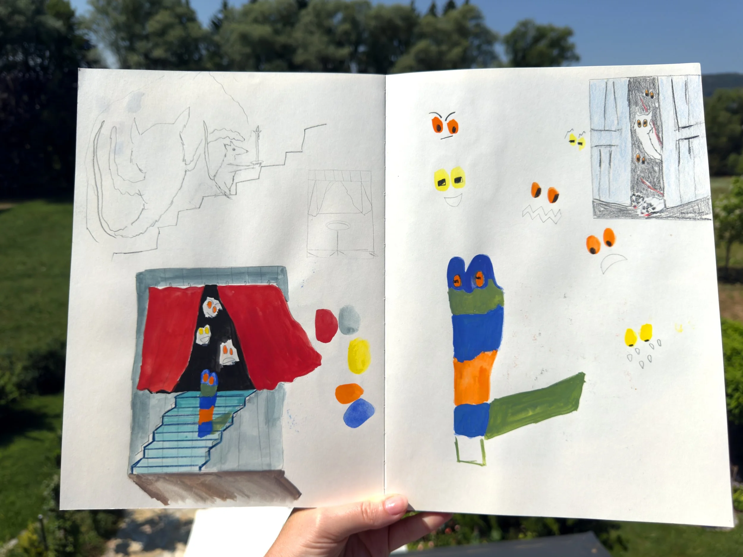 Instead of deciding everything too early, I used the sketchbook to test possibilities and let connections between figures, objects and atmosphere develop gradually.
