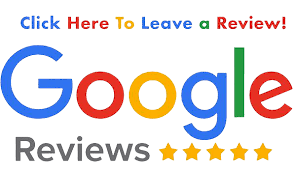 Google logo with the words 'Reviews' and five gold stars beneath, surrounded by instructions to click and leave a review.